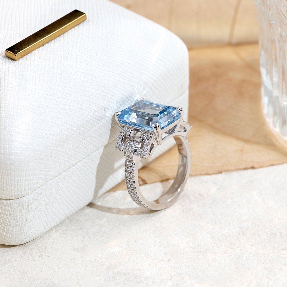 Aurora Geometry Emerald Cut Lab Grown Aquamarine 10CT Solitaire PT950 Ring MSR-1691