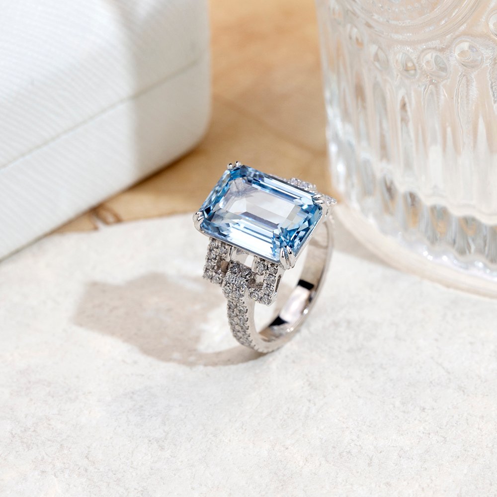 Aurora Geometry Emerald Cut Lab Grown Aquamarine 10CT Solitaire PT950 Ring MSR-1691