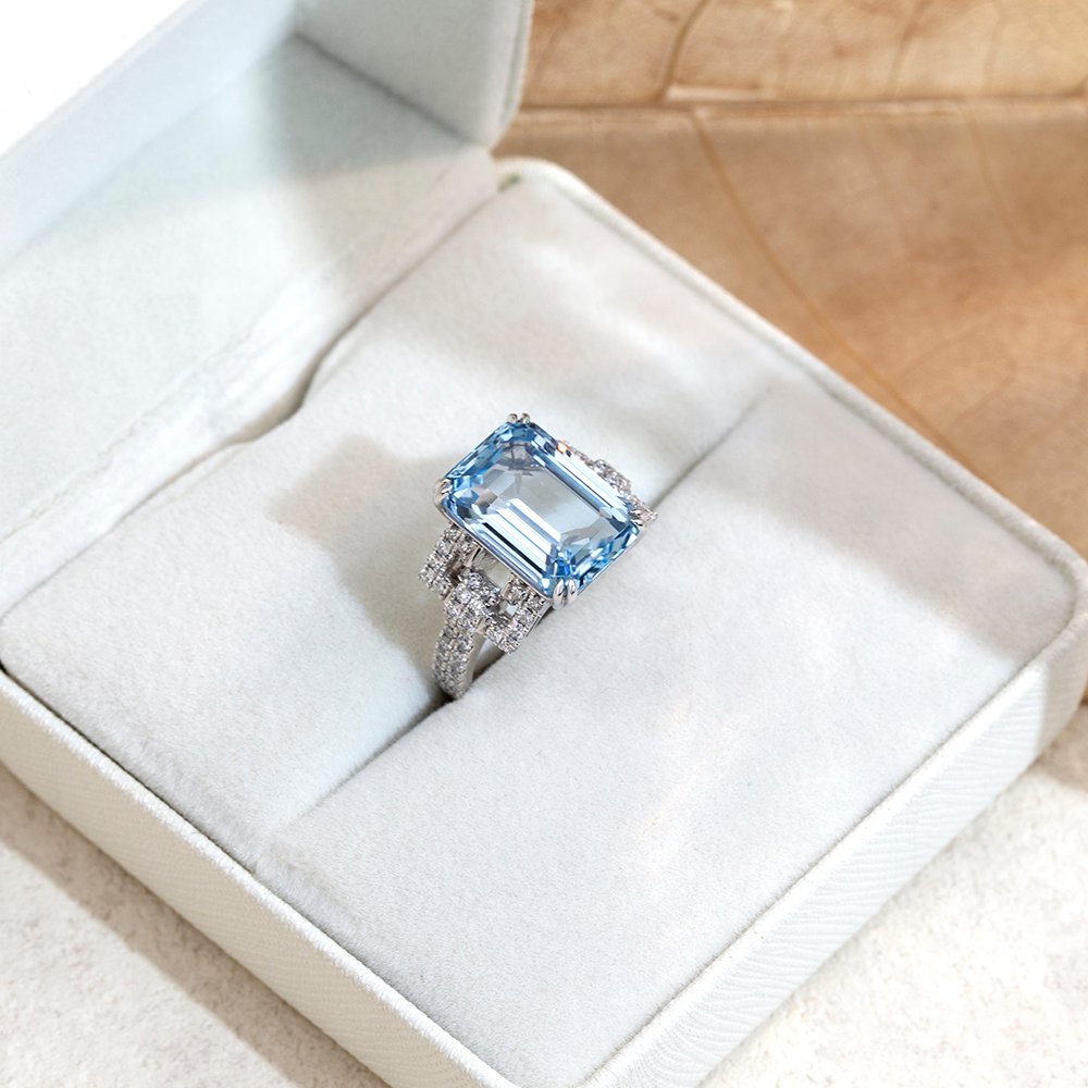 Aurora Geometry Emerald Cut Lab Grown Aquamarine 10CT Solitaire PT950 Ring MSR-1691