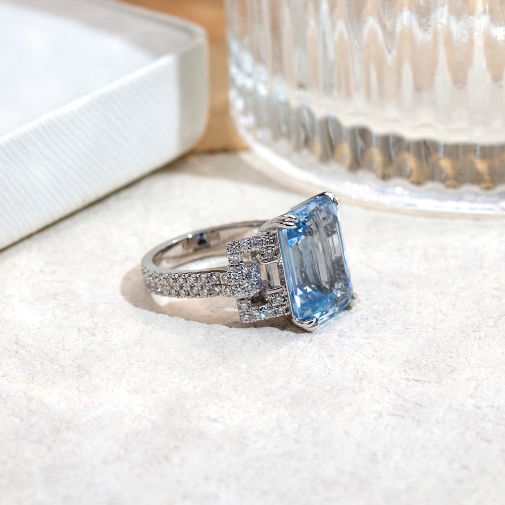 Aurora Geometry Emerald Cut Lab Grown Aquamarine 10CT Solitaire PT950 Ring MSR-1691