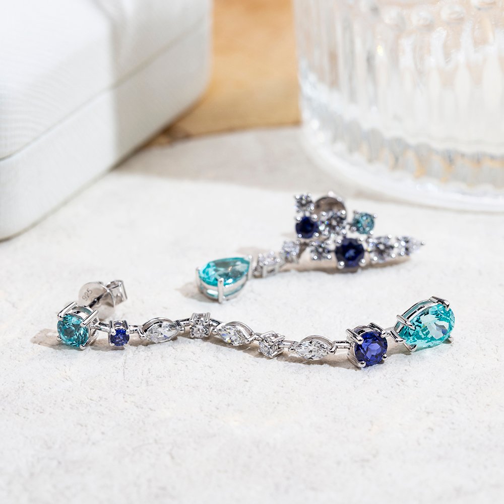 Aurora Geometry Pear Shape Lab Sapphire Paraiba S925 Silver Drop Earrings MSE-783