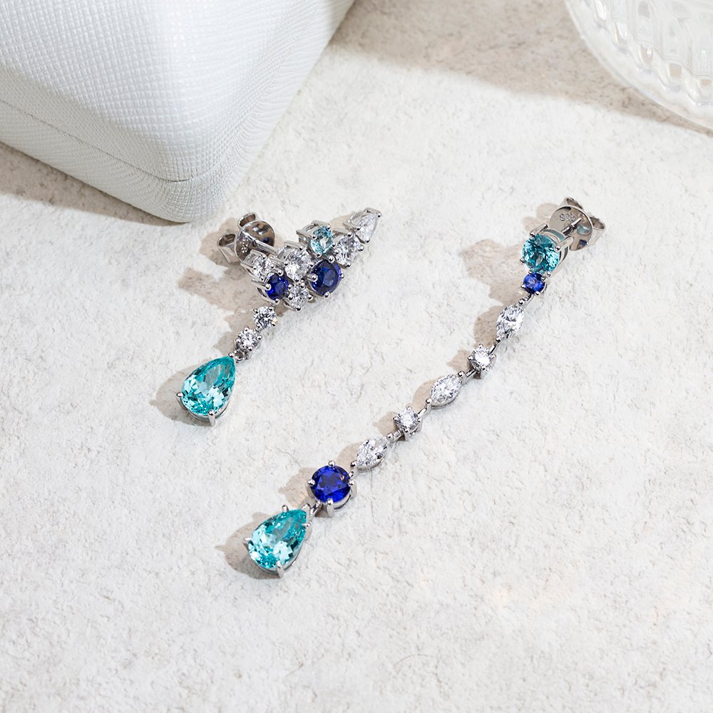 Aurora Geometry Pear Shape Lab Sapphire Paraiba S925 Silver Drop Earrings MSE-783