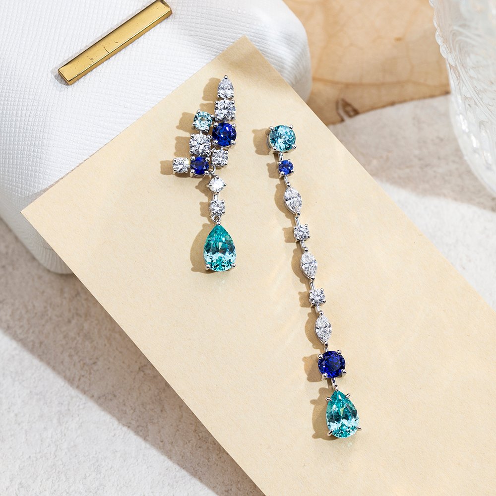 Aurora Geometry Pear Shape Lab Sapphire Paraiba S925 Silver Drop Earrings MSE-783