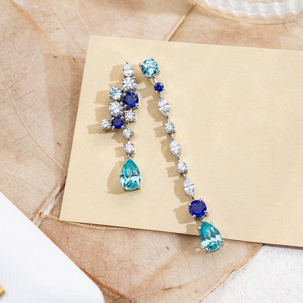 Aurora Geometry Pear Shape Lab Sapphire Paraiba S925 Silver Drop Earrings MSE-783