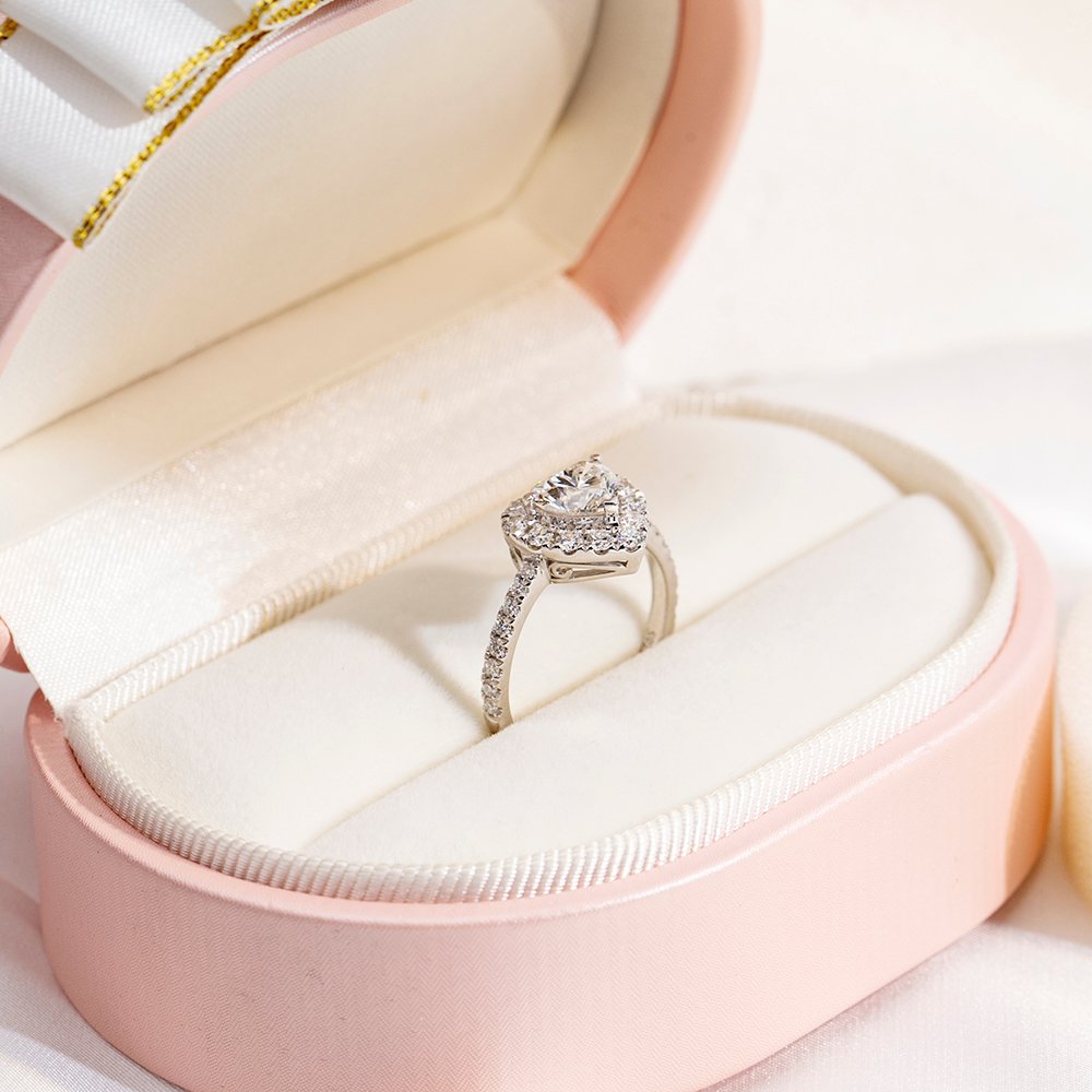 Aurora Geometry Heart Cut Lab Grown Diamond 1CT Halo E VS1 18K White Gold Ring MSR-1705