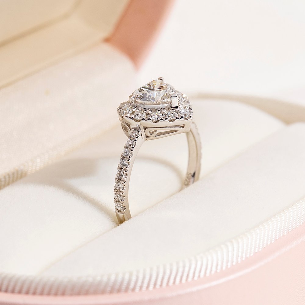 Aurora Geometry Heart Cut Lab Grown Diamond 1CT Halo E VS1 18K White Gold Ring MSR-1705