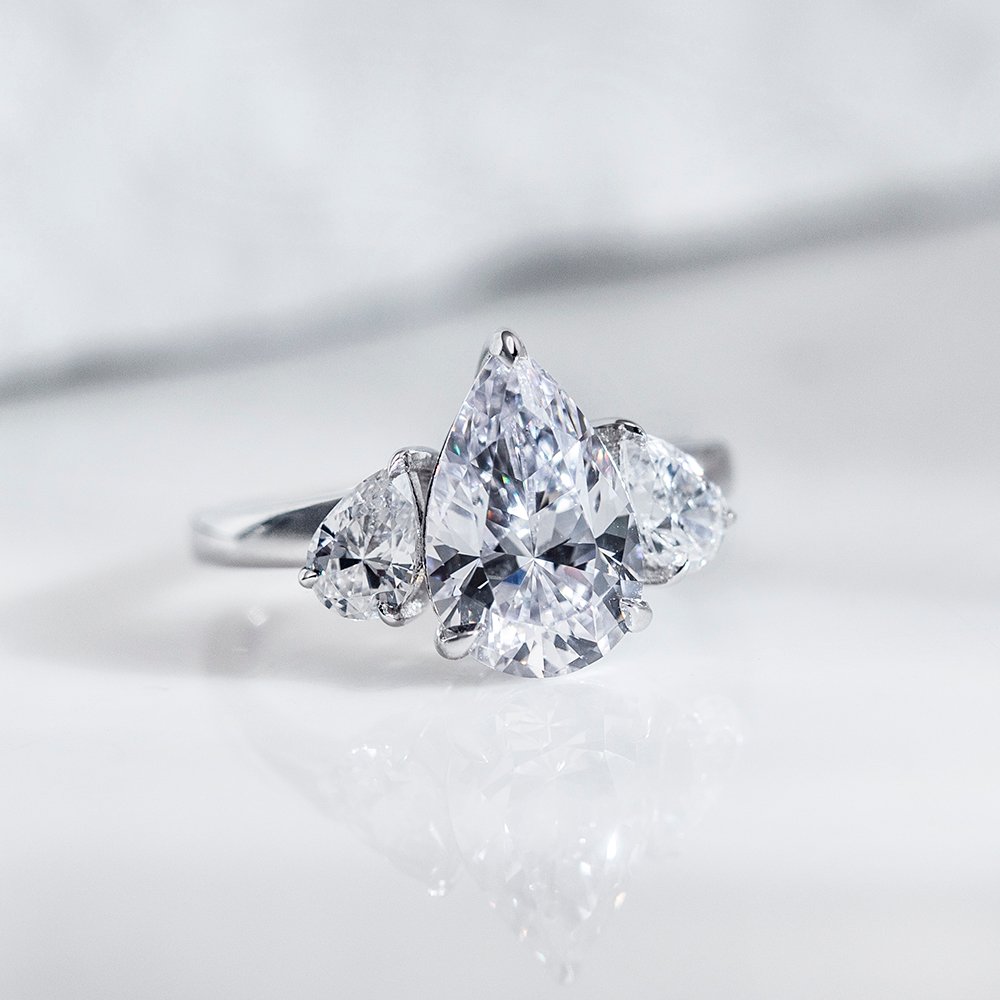 Aurora Geometry Pear Cut Lab Grown Diamond 2.2CT G VS2 Three Stones 18K White Gold Ring MSR-1620