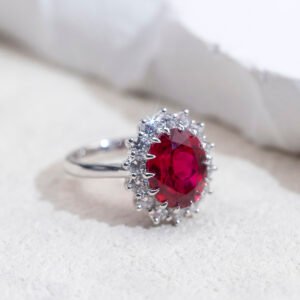 Aurora Geometry Oval Cut Lab Ruby 5CT Halo 18K Gold Ring MSR-1659