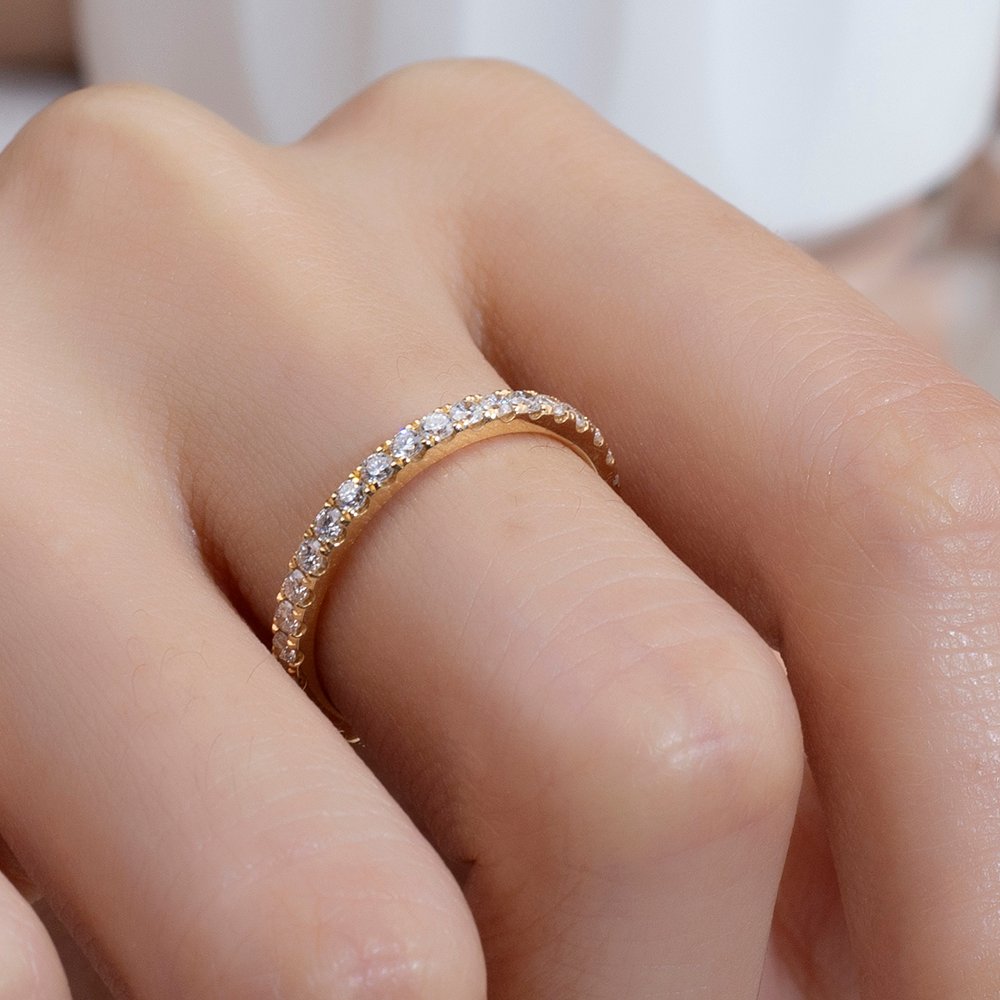 Aurora Geometry Round Cut Lab Grown Diamond Eternity D VVS-VS 18K Yellow Gold Ring MSR-408