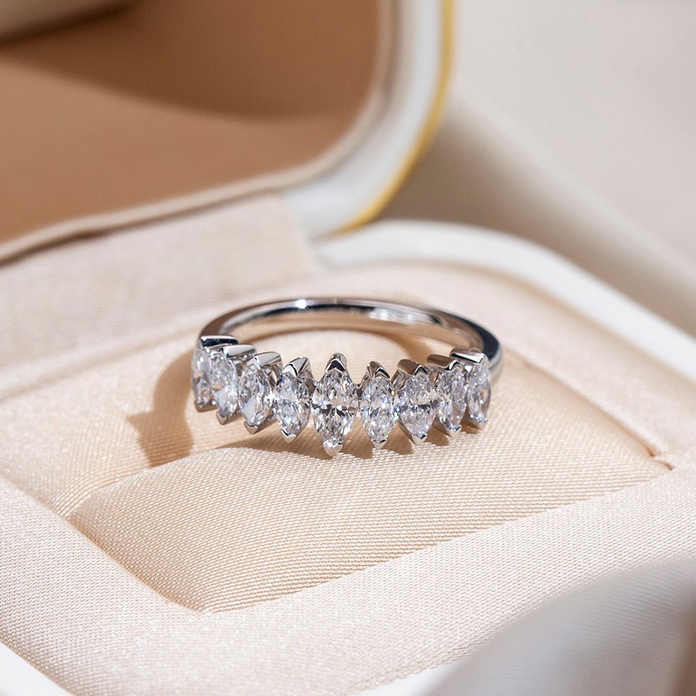 Aurora Geometry Marquise Lab Grown Diamond Half Eternity 18K White Gold Ring MSR-1669