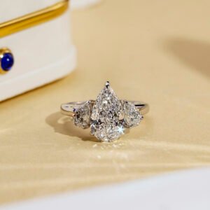 Aurora Geometry Pear Cut Lab Grown Diamond 2.6CT E VS1 Three Stones 18K White Gold Ring MSR-1670