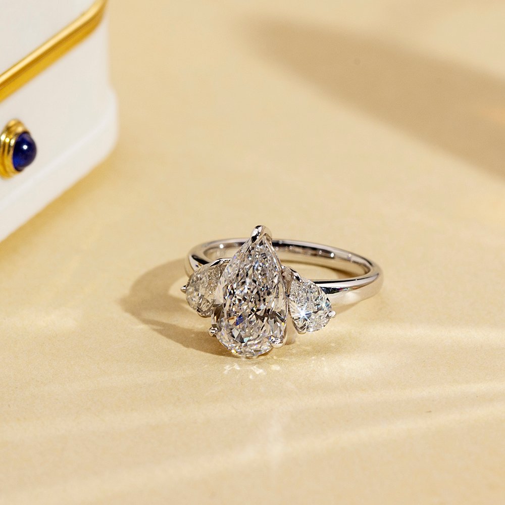 Aurora Geometry Pear Cut Lab Grown Diamond 2.6CT E VS1 Three Stones 18K White Gold Ring MSR-1670