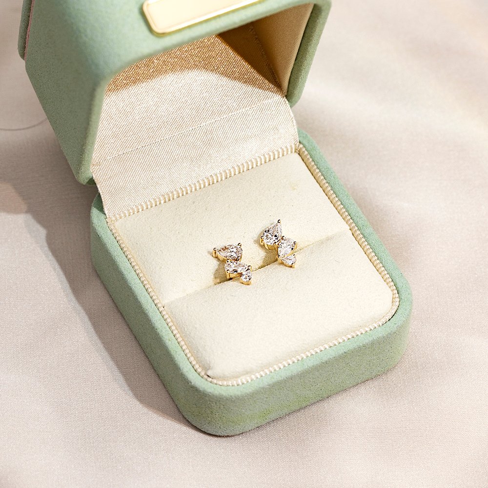 Aurora Geometry Pear Shape Three Stones Lab Grown Diamond E VVS2 14K Gold Studs Earrings MSE-772