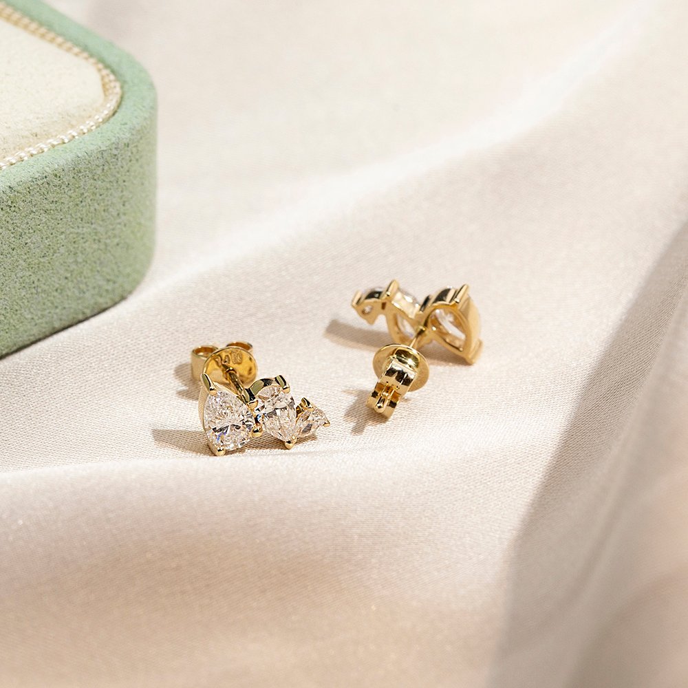 Aurora Geometry Pear Shape Three Stones Lab Grown Diamond E VVS2 14K Gold Studs Earrings MSE-772