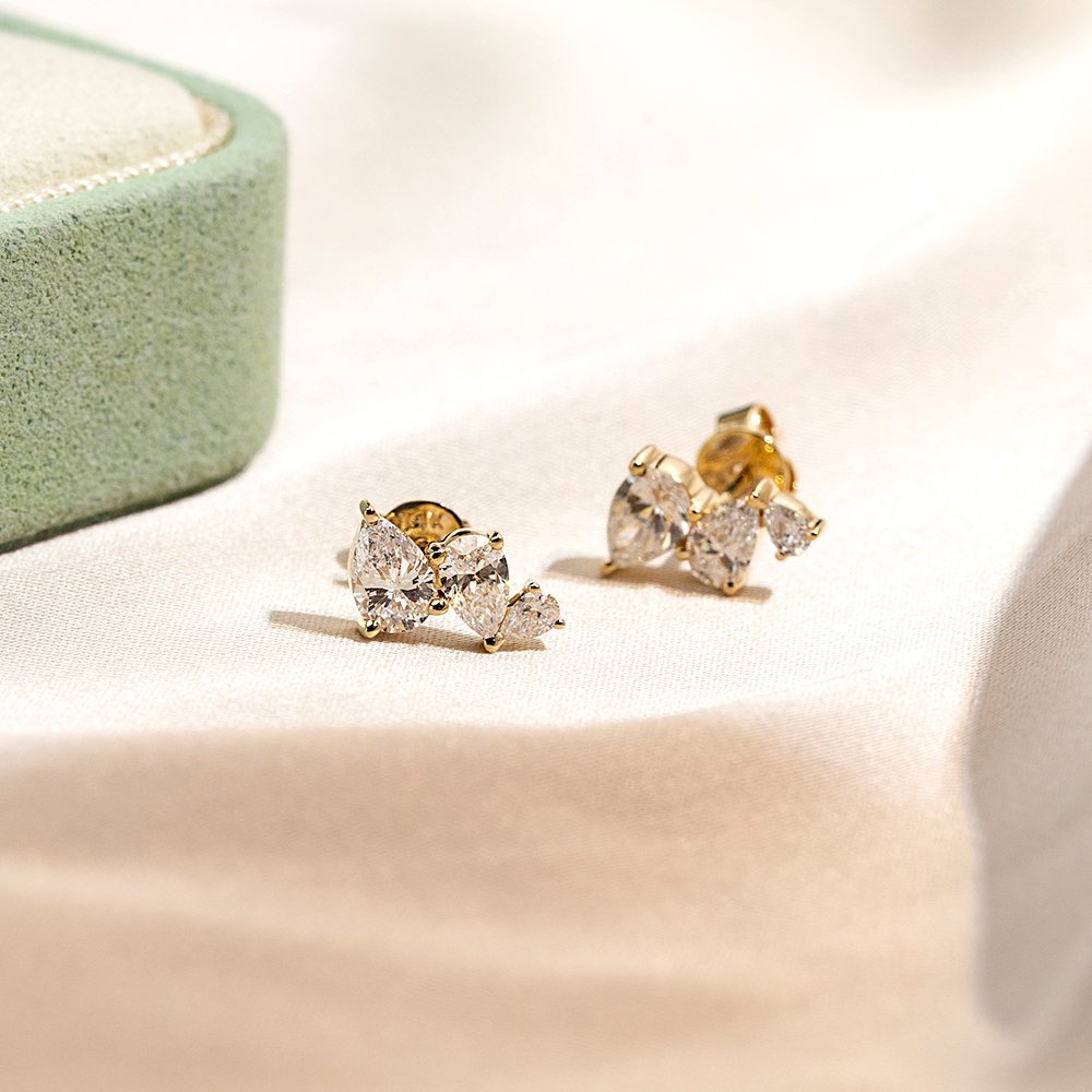 Aurora Geometry Pear Shape Three Stones Lab Grown Diamond E VVS2 14K Gold Studs Earrings MSE-772