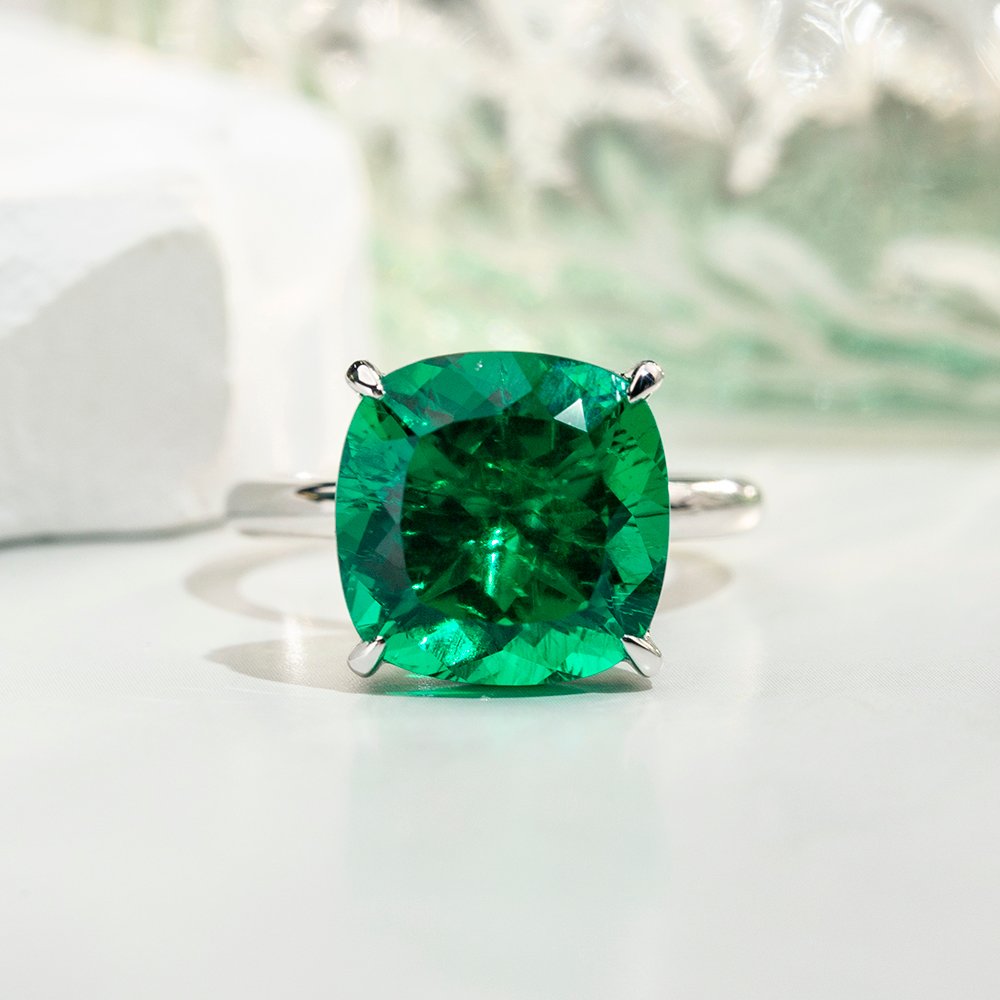 Aurora Geometry Cushion Cut Lab Grown Emerald 11CT Solitaire 14K White Gold Ring MSR-1672