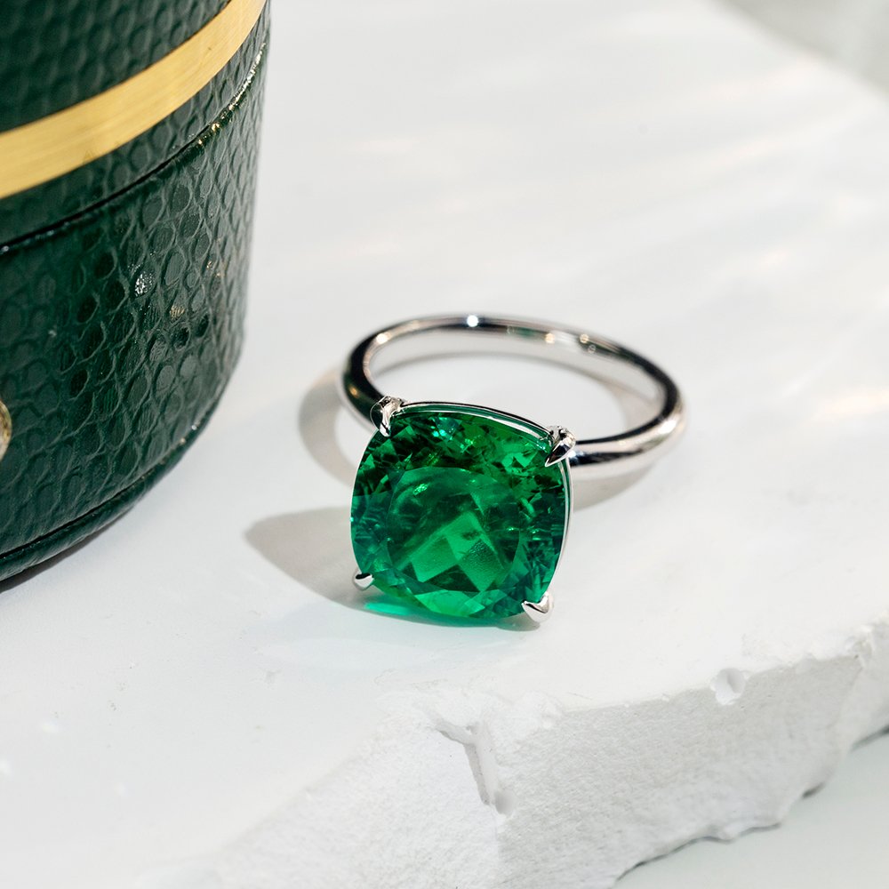 Aurora Geometry Cushion Cut Lab Grown Emerald 11CT Solitaire 14K White Gold Ring MSR-1672