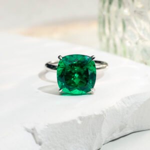 Aurora Geometry Cushion Cut Lab Grown Emerald 11CT Solitaire 14K White Gold Ring MSR-1672