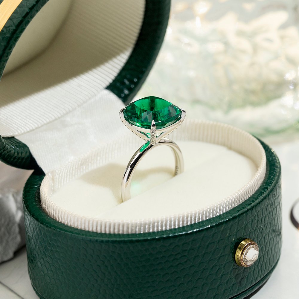 Aurora Geometry Cushion Cut Lab Grown Emerald 11CT Solitaire 14K White Gold Ring MSR-1672