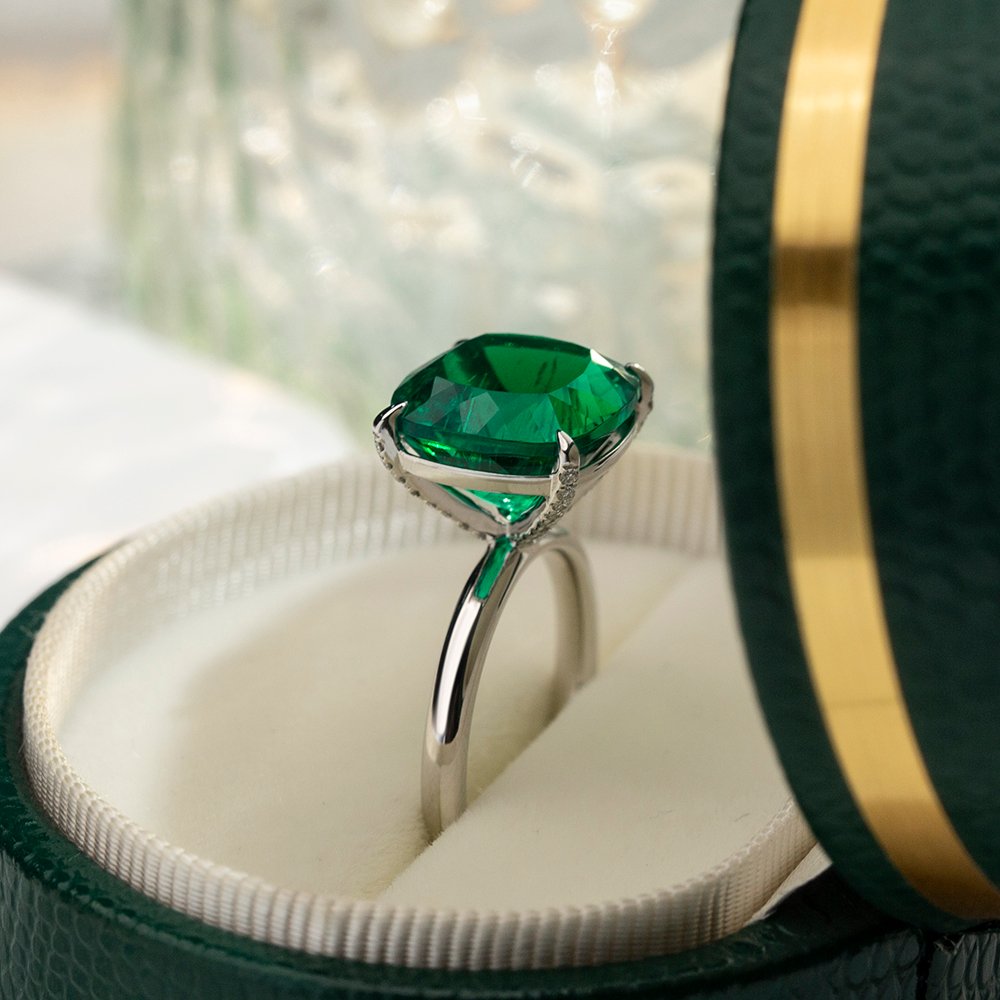 Aurora Geometry Cushion Cut Lab Grown Emerald 11CT Solitaire 14K White Gold Ring MSR-1672