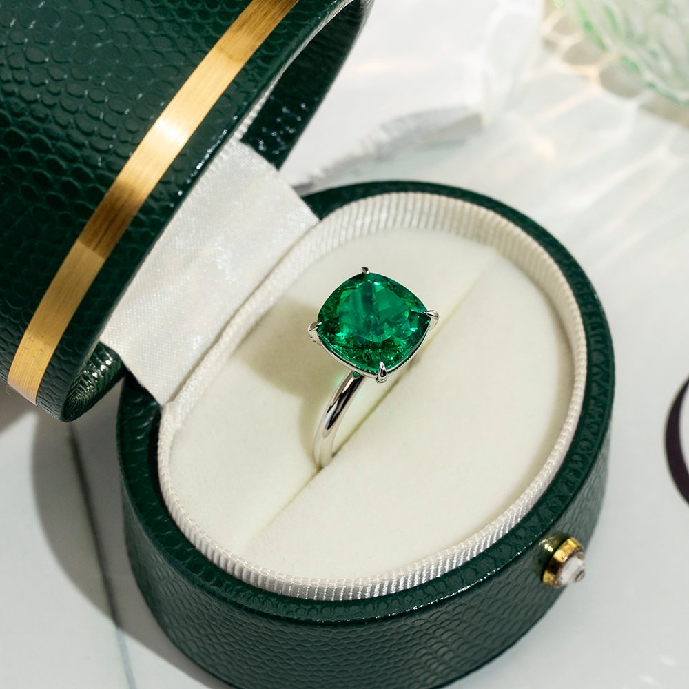 Aurora Geometry Cushion Cut Lab Grown Emerald 11CT Solitaire 14K White Gold Ring MSR-1672