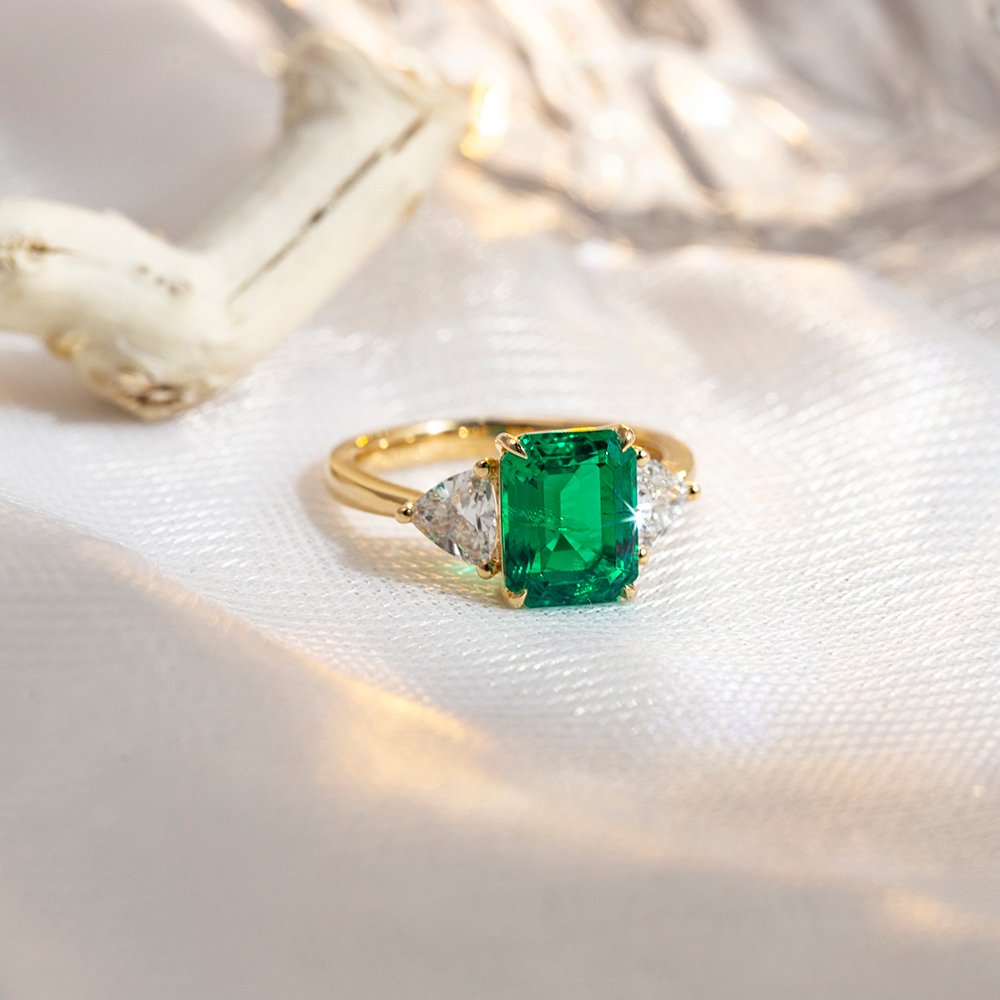 Aurora Geometry Emerald Cut Lab Grown Emerald 3CT Three stone 18K White Gold Ring MSR-1157