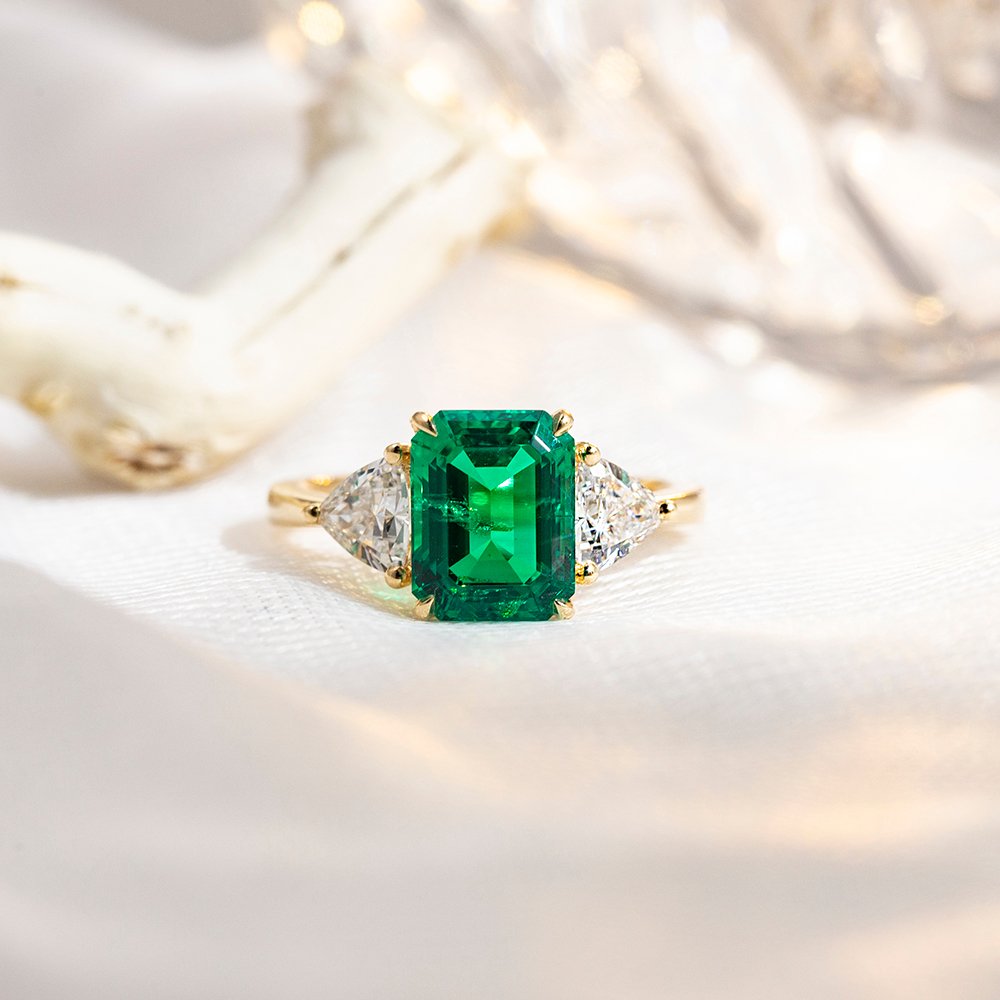Aurora Geometry Emerald Cut Lab Grown Emerald 3CT Three stone 18K White Gold Ring MSR-1157