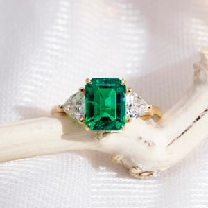 Aurora Geometry Emerald Cut Lab Grown Emerald 3CT Three stone 18K White Gold Ring MSR-1157