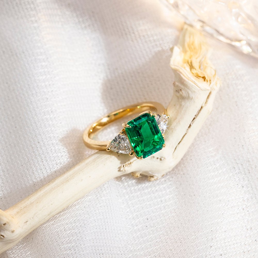 Aurora Geometry Emerald Cut Lab Grown Emerald 3CT Three stone 18K White Gold Ring MSR-1157