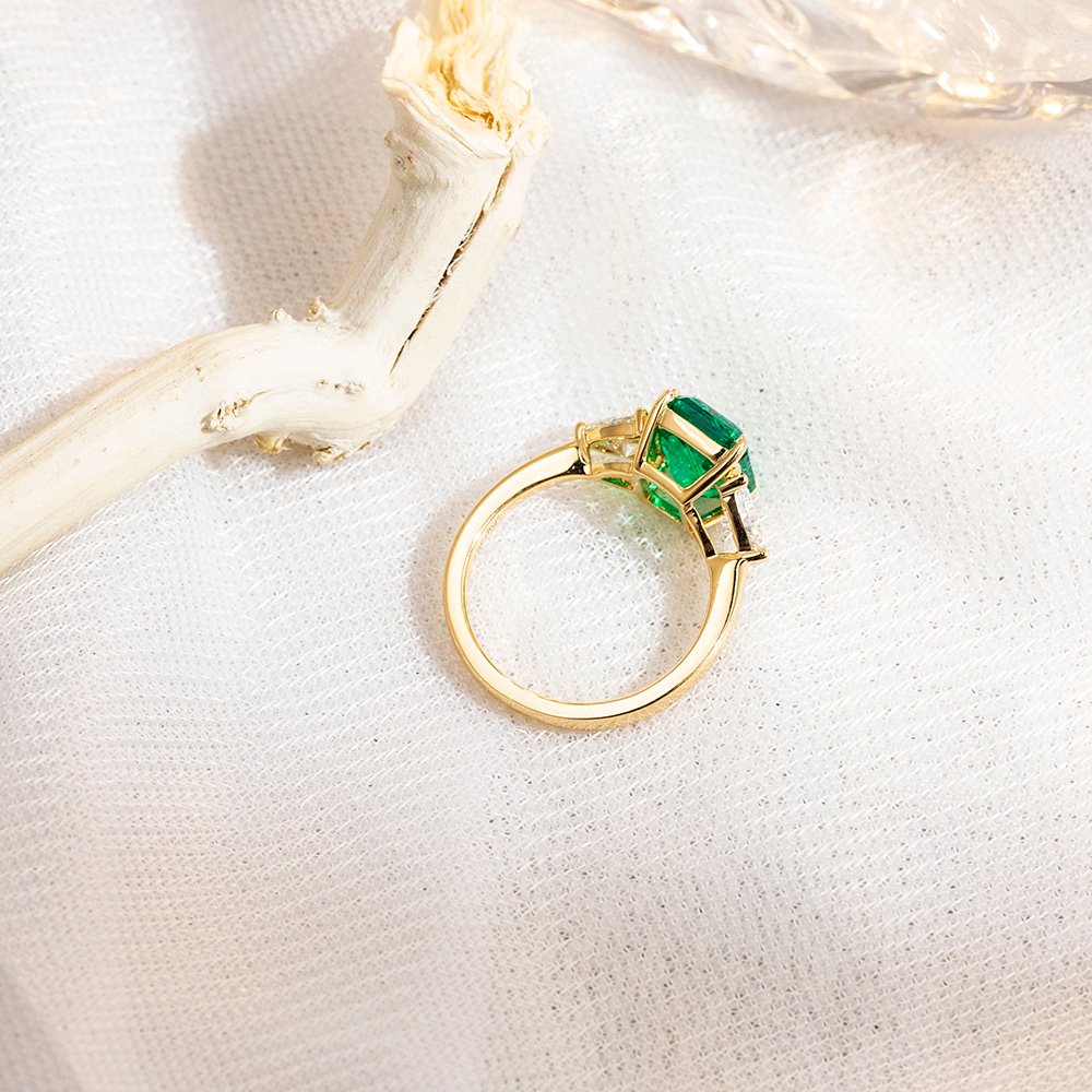 Aurora Geometry Emerald Cut Lab Grown Emerald 3CT Three stone 18K White Gold Ring MSR-1157