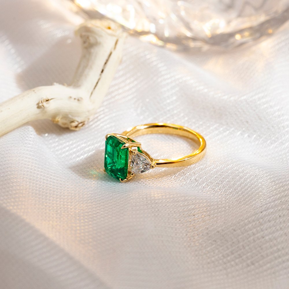 Aurora Geometry Emerald Cut Lab Grown Emerald 3CT Three stone 18K White Gold Ring MSR-1157