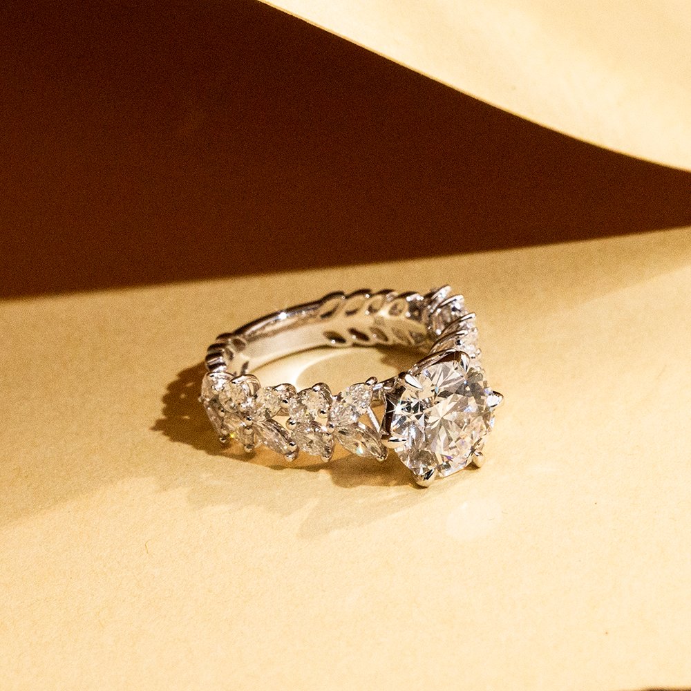 Aurora Geometry Round Cut Lab Grown Diamond 3CT Solitaire E VS1 18K White Gold Ring MSR-1649