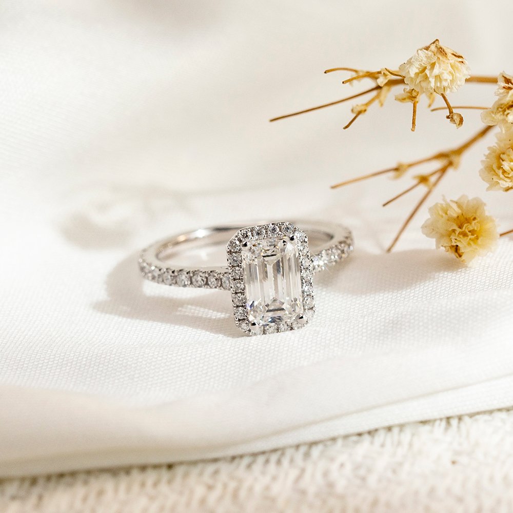 Aurora Geometry Emerald Cut Lab Grown Diamond 3CT Halo D VS1 PT950 Ring MSR-1478