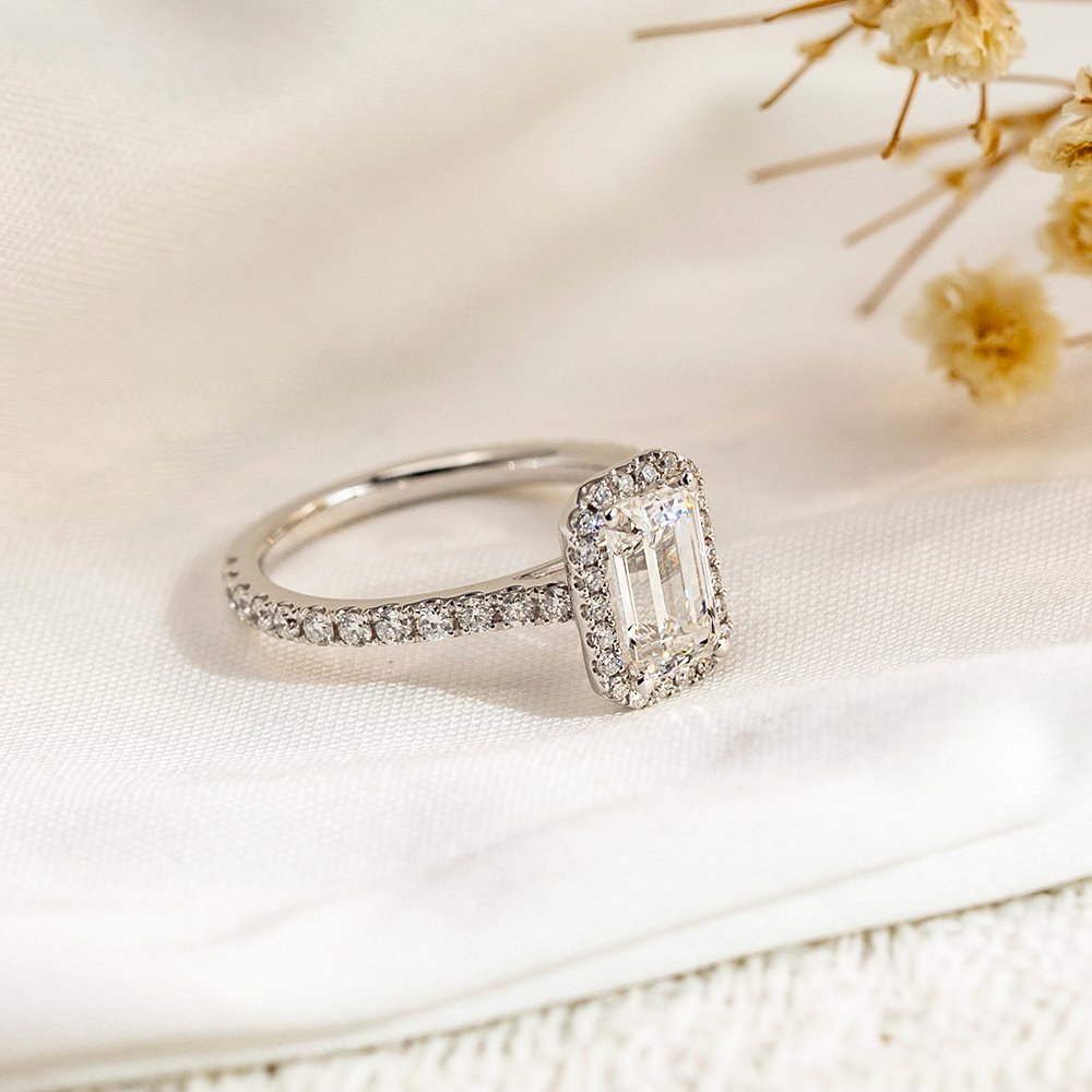 Aurora Geometry Emerald Cut Lab Grown Diamond 3CT Halo D VS1 PT950 Ring MSR-1478