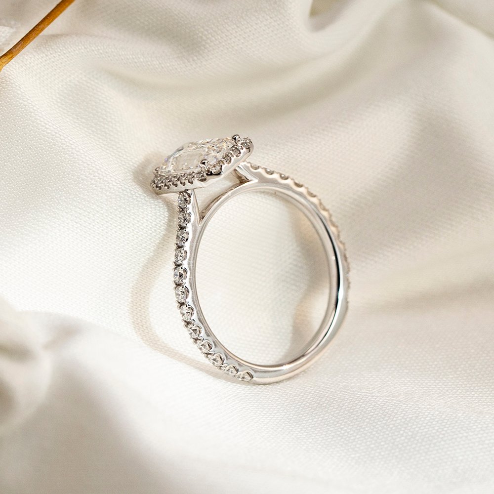 Aurora Geometry Emerald Cut Lab Grown Diamond 3CT Halo D VS1 PT950 Ring MSR-1478