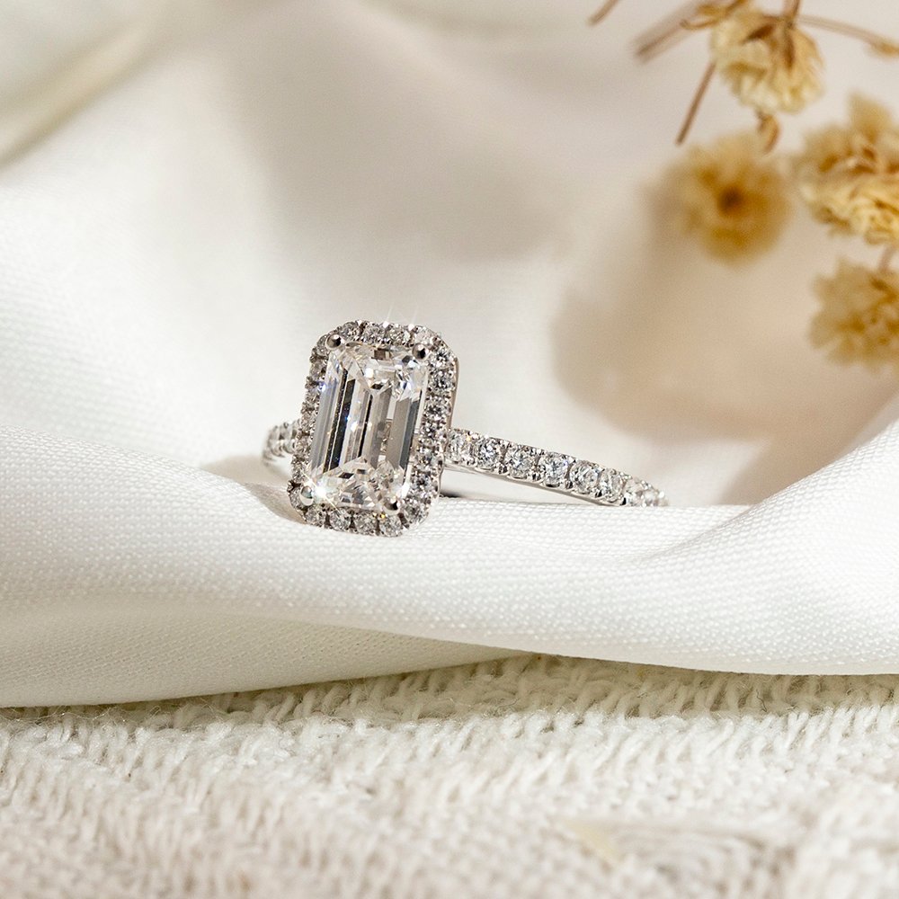 Aurora Geometry Emerald Cut Lab Grown Diamond 3CT Halo D VS1 PT950 Ring MSR-1478