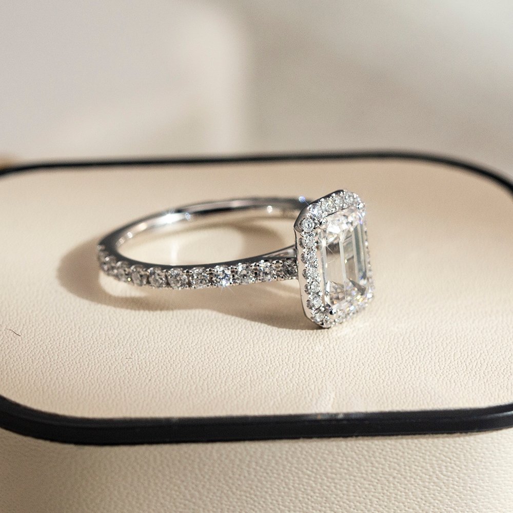 Aurora Geometry Emerald Cut Lab Grown Diamond 3CT Halo D VS1 PT950 Ring MSR-1478