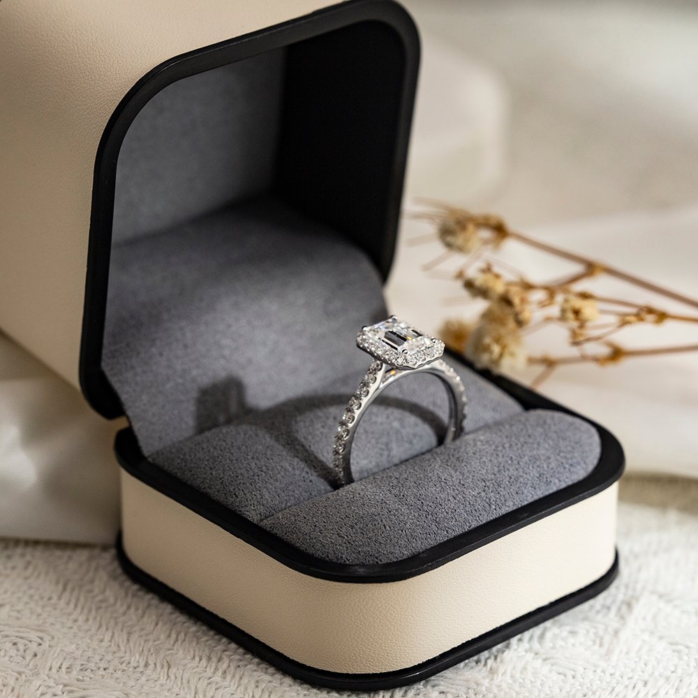 Aurora Geometry Emerald Cut Lab Grown Diamond 3CT Halo D VS1 PT950 Ring MSR-1478