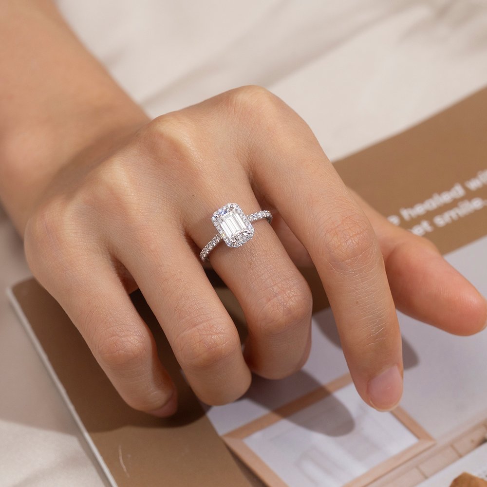 Aurora Geometry Emerald Cut Lab Grown Diamond 3CT Halo D VS1 PT950 Ring MSR-1478