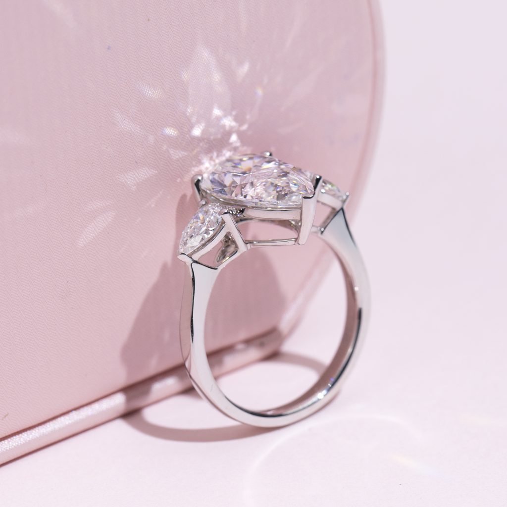 Aurora Geometry Pear Cut Lab Grown Diamond 3CT Three Stone F VS1 18K White Gold Ring MSR-1155
