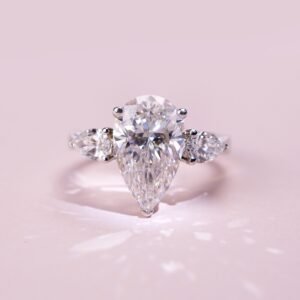 Aurora Geometry Pear Cut Lab Grown Diamond 3CT Three Stone F VS1 18K White Gold Ring MSR-1155