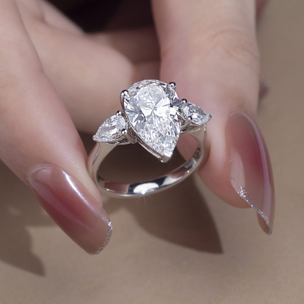Aurora Geometry Pear Cut Lab Grown Diamond 3CT Three Stone F VS1 18K White Gold Ring MSR-1155