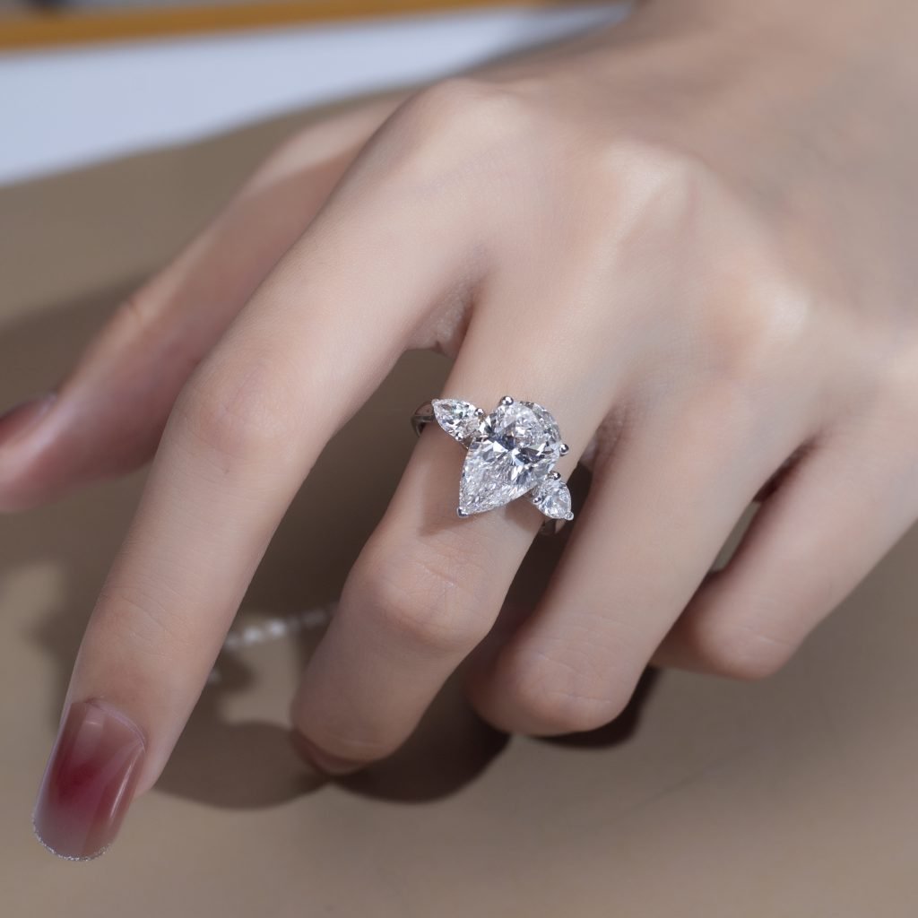 Aurora Geometry Pear Cut Lab Grown Diamond 3CT Three Stone F VS1 18K White Gold Ring MSR-1155