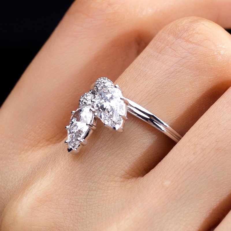 Aurora Geometry Pear Lab Grown Diamond 1.1CT 1.21CT Two Stones 18K White Gold Ring MSR-1517