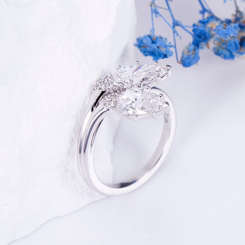 Aurora Geometry Pear Lab Grown Diamond 1.1CT 1.21CT Two Stones 18K White Gold Ring MSR-1517