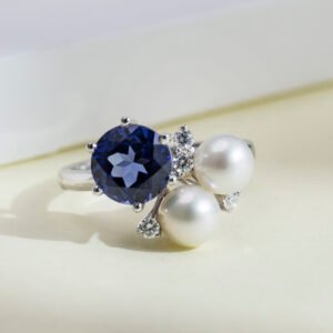 Aurora Geometry Round Cut Blue Lab Grown Sapphire 2.5CT Three stone 18K White Gold Ring MSR-1640